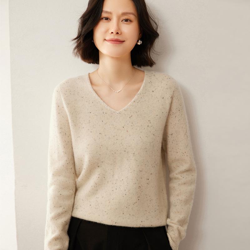 Nový luxusní svetr ze 100% čisté vlny s květinovým vzorem - Dámský korejský výstřih do V, silná a volná pletenina