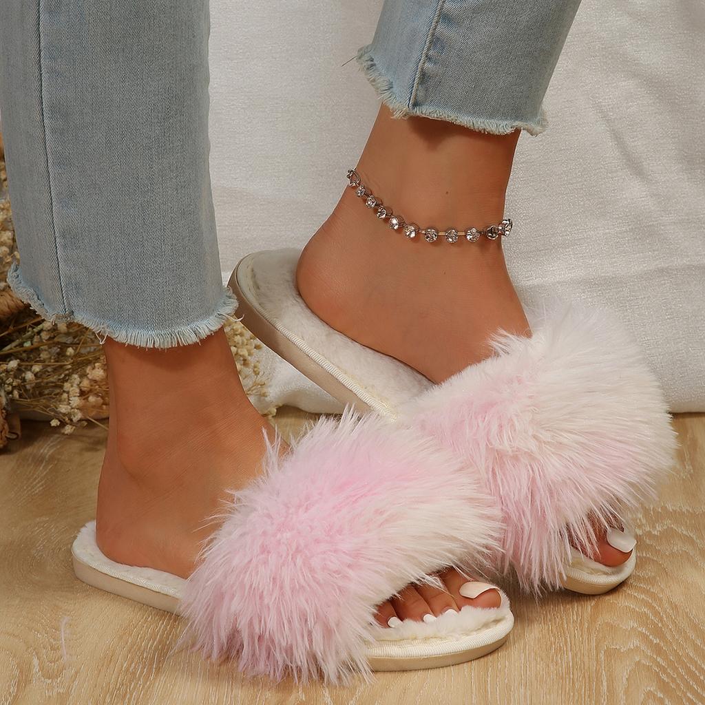 Fashion Winter Fashion Fluffy Bedroom Slippers Women Soft Plush Warm Comfy House Slippers Woman Indoor Non Slip Open Toe Faux Fur Slides