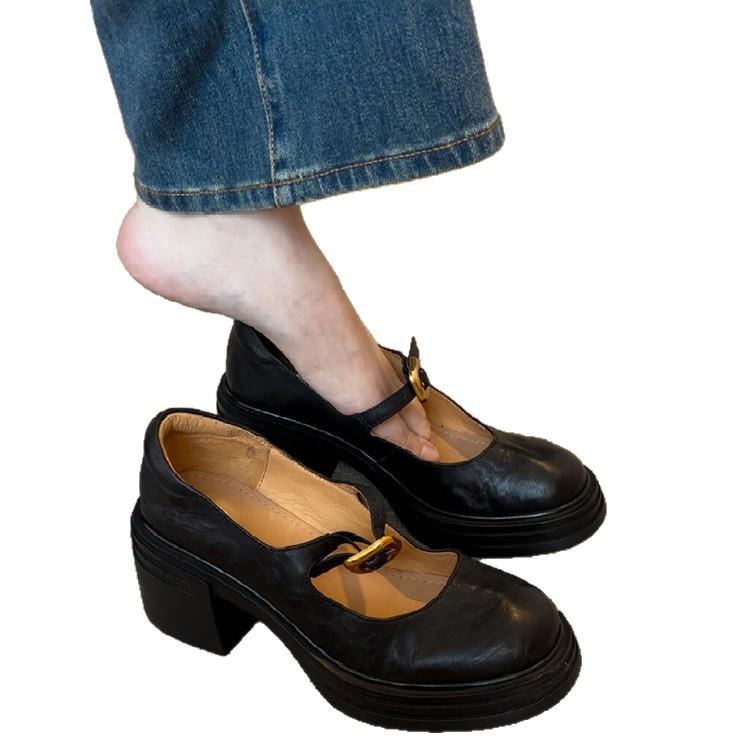 Sheepskin version~ British versatile platform leather small leather shoes women's retro shallow mouth one-word buckle thick heel Mary Jane shoes