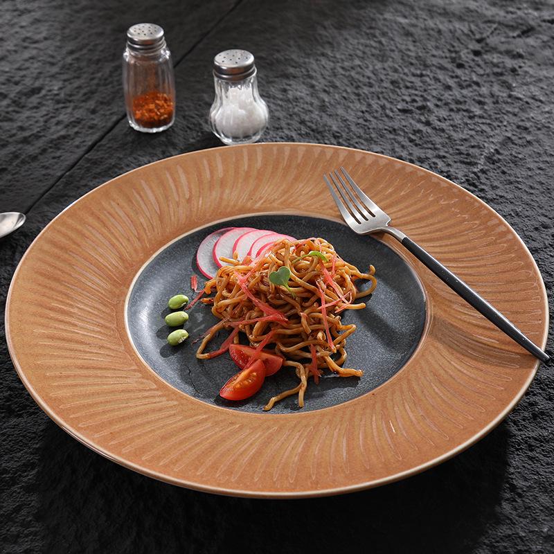 High-End Multi-Color Ceramic Dinnerware Set: Western Plates, Soup Bowls, Salad Bowls, and Wide-Edged Flat Plates for Commercial Use.