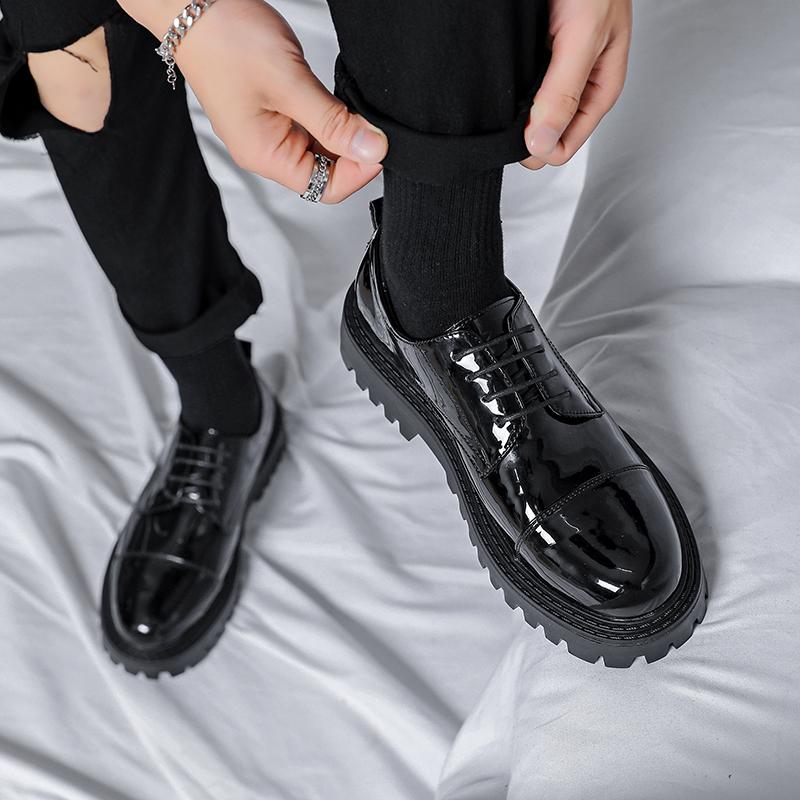Fashion British Leather Shoes Men Office Casual High Platform Patent Leather Shoes Male Harajuku Korean Streetwear Vintage Wedding Shoes