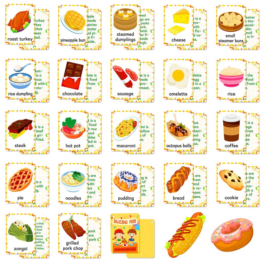 48PCS Food Cognition Flash Cards Children's Early Education Burger Cake Recognition Paper Card English Learning Educational Toys