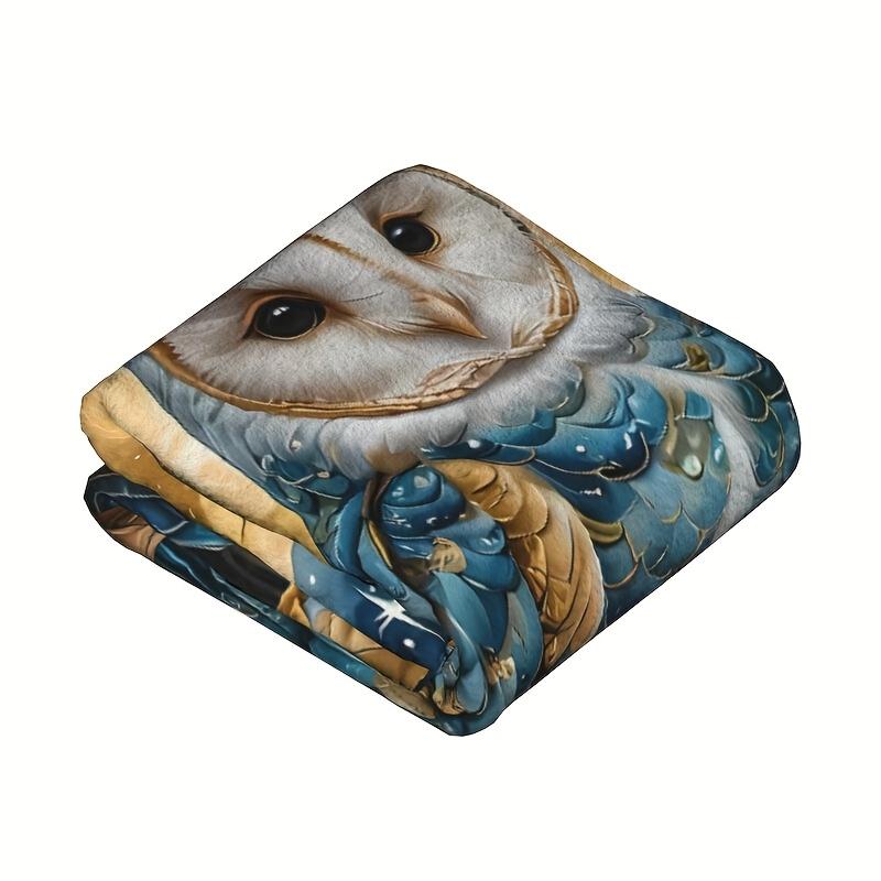 Blue Owl Pattern Printed Flannel Blanket, Shawl Blanket, Suitable For Bedroom, Dormitory, Car, Outdoor, Sofa,Travel, Office,Gift