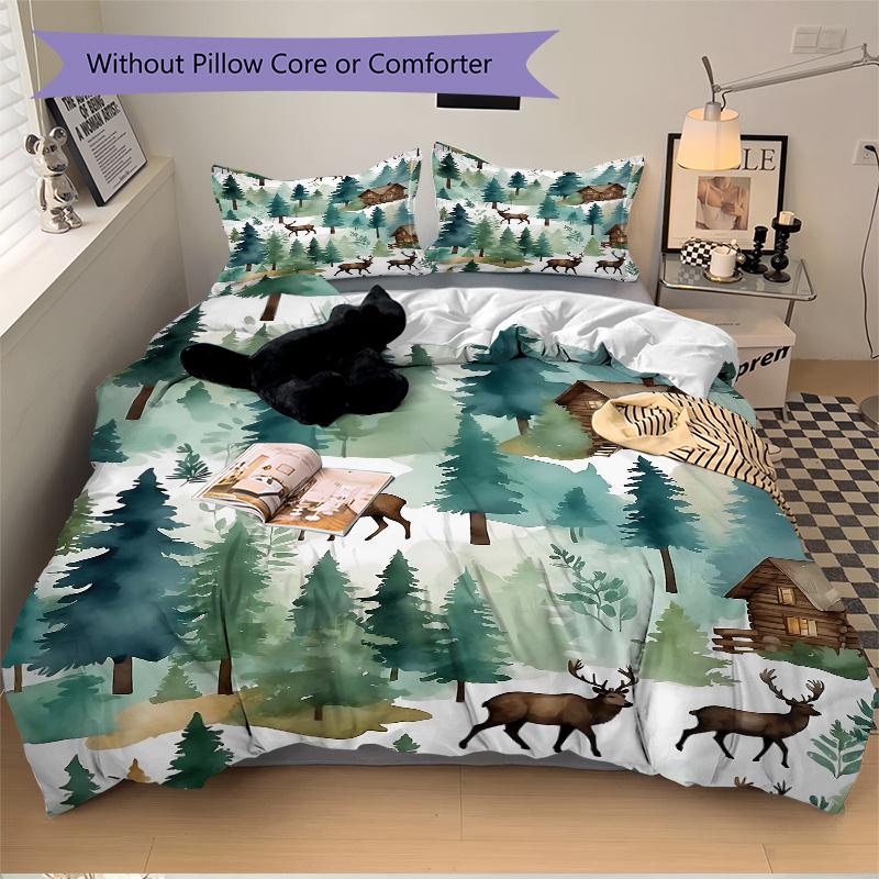 3pcs Woodland Retreat Cabins and Majestic Deer Bedding Set, 1 Soft Quilt Cover + 2 Pillowcases, Machine Washable, Suitable for All Seasons