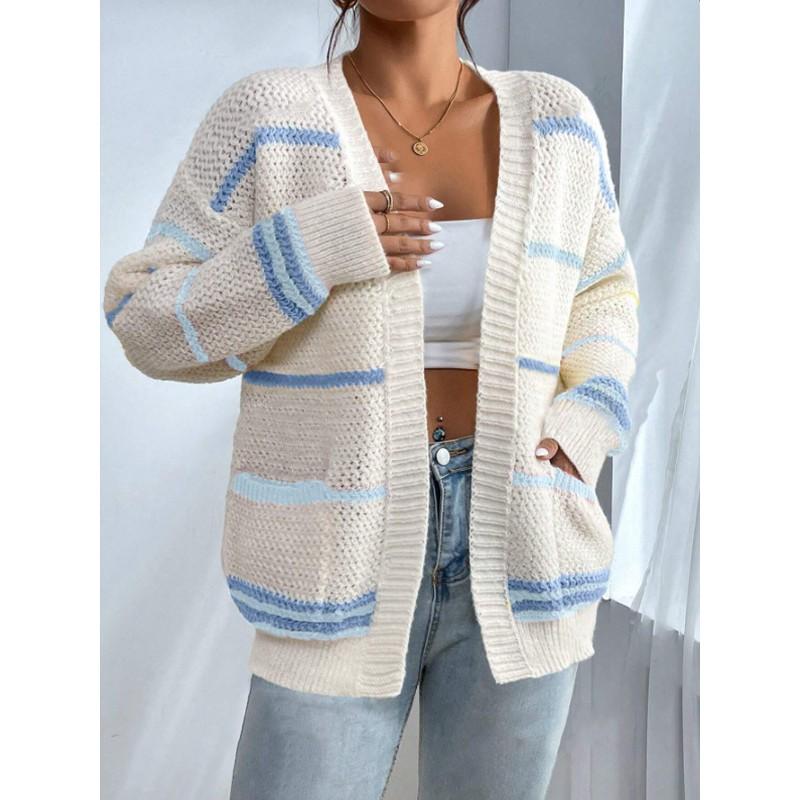 Cárdigan de punto a rayas para mujer, suéter chaqueta casual holgado con cuello en V, mezcla de algodón, ropa de abrigo cálida