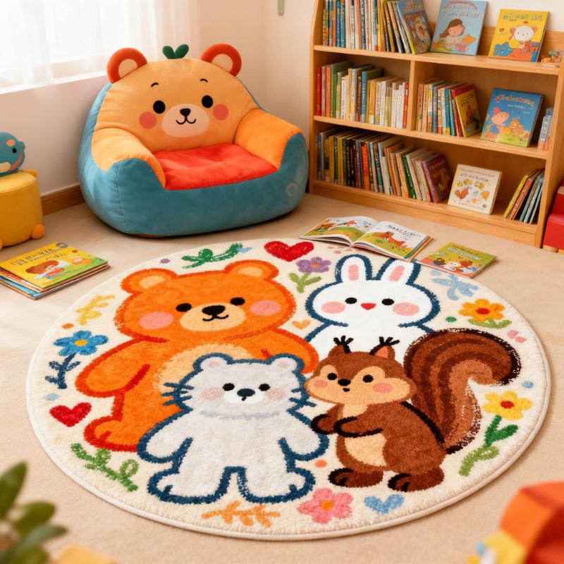 Cartoon Style Carpets for Living Room Bear Pattern Bedroom Decor Round Carpet Thicken Plush Children's Rug Fluffy Soft Floor Mat