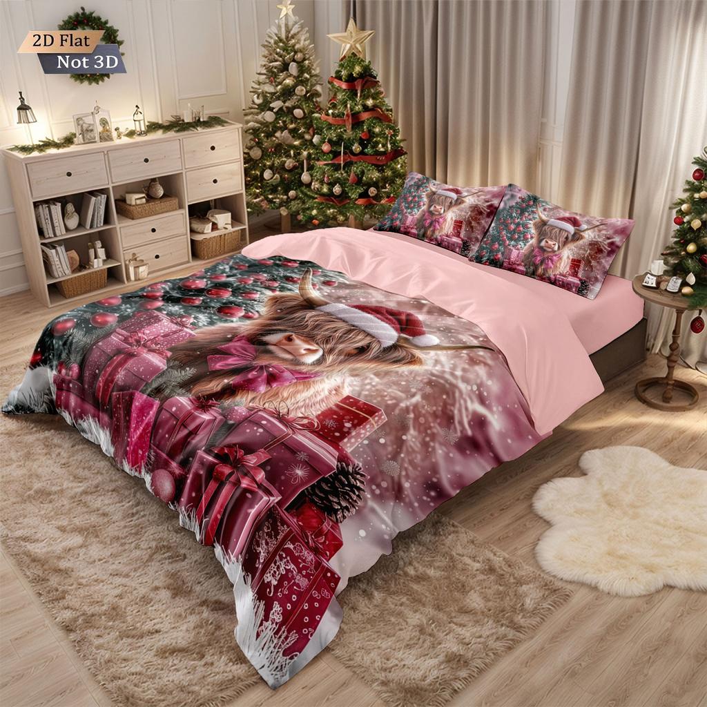 3-teiliges Valentinstags-Rosa Hochlandkuh Geschenk Druck Kernlose Bettwäsche Mehrere Größen Schlafzimmer Bettwäsche Dekoration Maschinenwaschbar