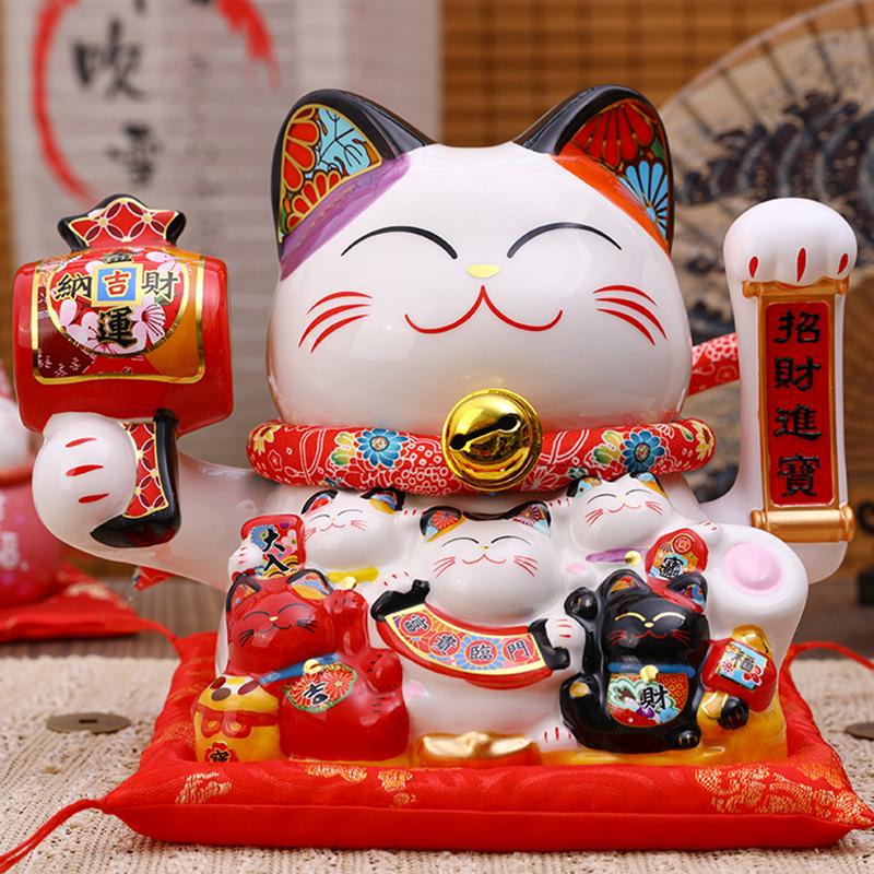 8.2 Inch Ceramic Lucky Cat Ornament Maneki Neko Beckoning Cat with Movable Arm Porcelain Figurine Decoration Statue