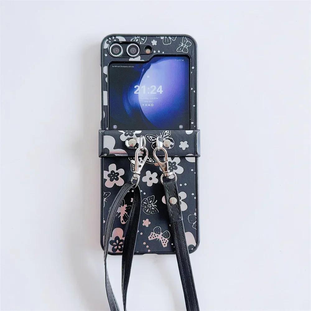 Butterfly Flower PU Leather Crossbody Lanyard Phone Case for Samsung Galaxy Z Flip 6 5 4 3 5G Hinge Protection Shockproof Cover