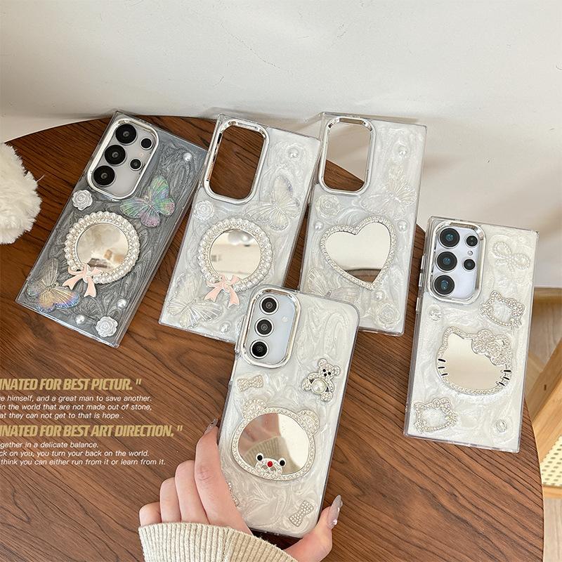 Creative Women'S Makeup Mirror Mobile Phone Case For Samsung S25Ultra Bear Butterfly S24 Heart Mirror A15 Flower