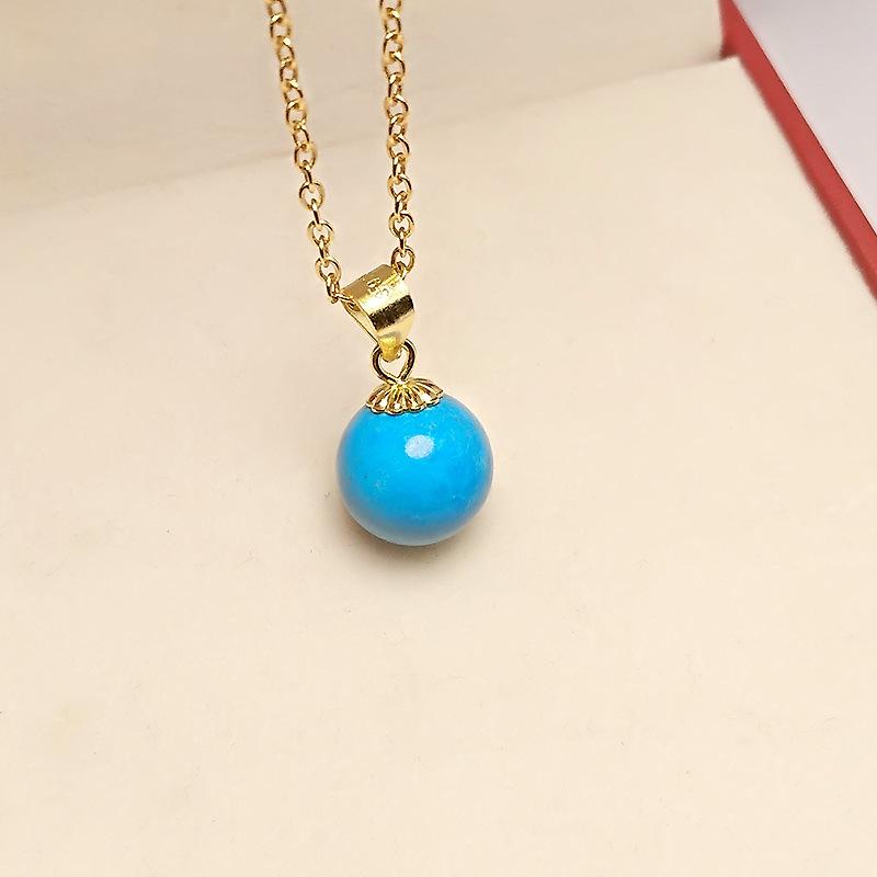 Natural Raw Blue Turquoise Round Pendant Retro Simple Pure Gold-Plated Blue Planet Pendant