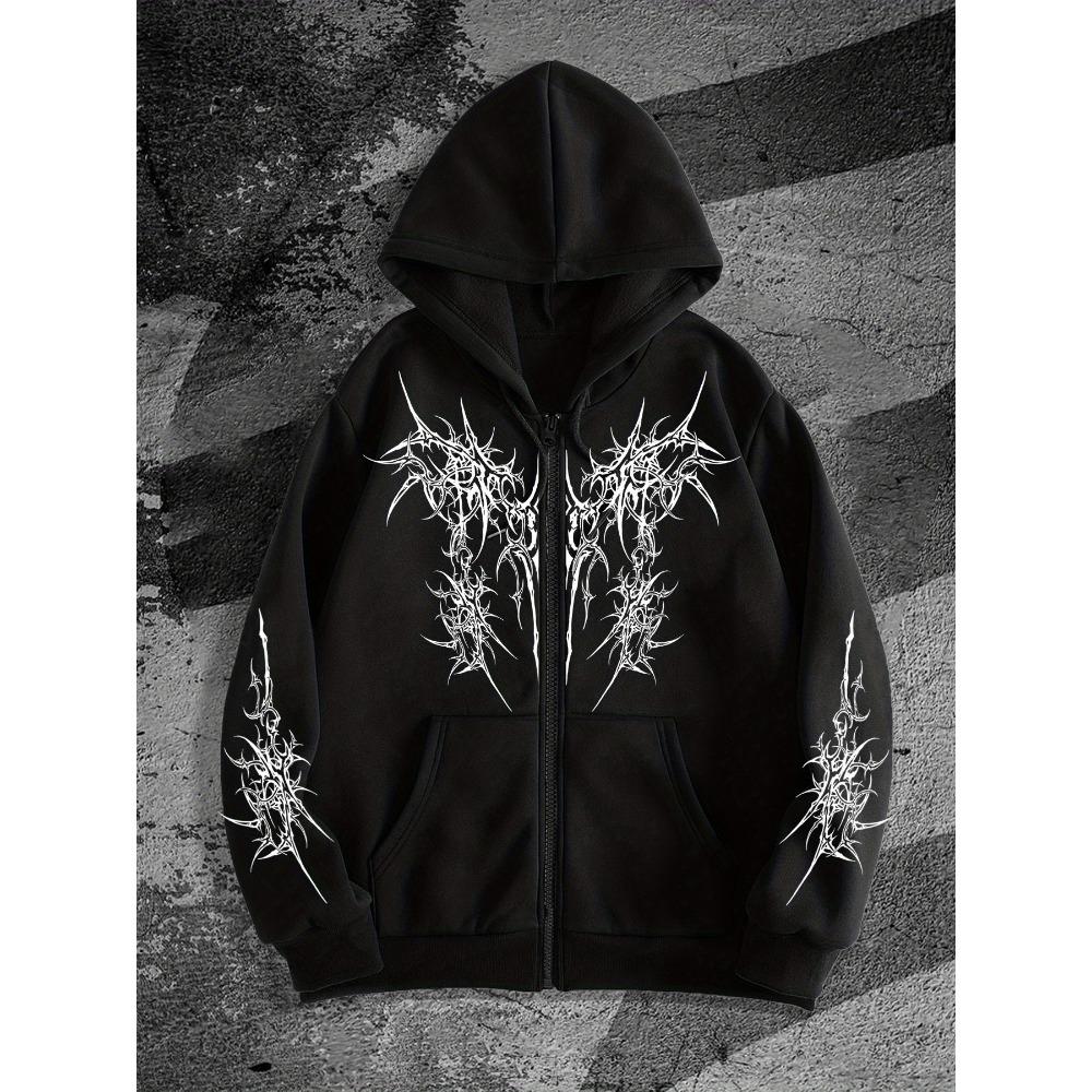 Herren Gothic Dunkler Stil Bedruckter Reißverschluss-Kapuzenpullover, ein Modischer Streetwear-Trend Reißverschluss-Kapuzenpullover Geeignet für Lässige Anlässe
