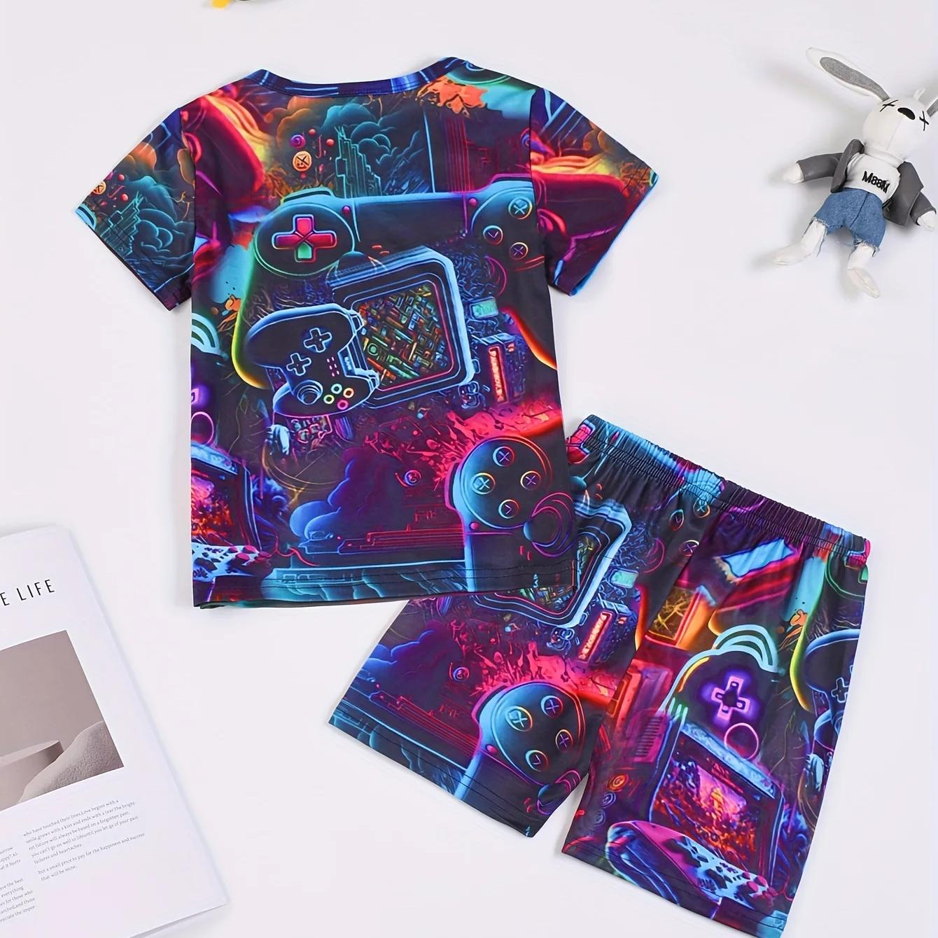 

Пижамный комплект из 2 предметов для мальчиков, футболка с короткими рукавами и круглым вырезом с принтом геймпада + шорты в тон, удобная домашняя одежда 150