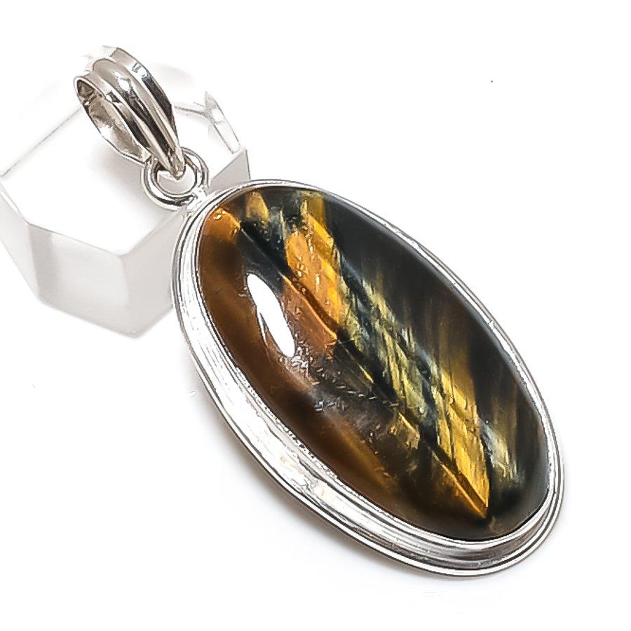 Tiger Eye Gemstone Handmade 925 Sterling Silver Jewelry Pendant 2.17" O2U25
