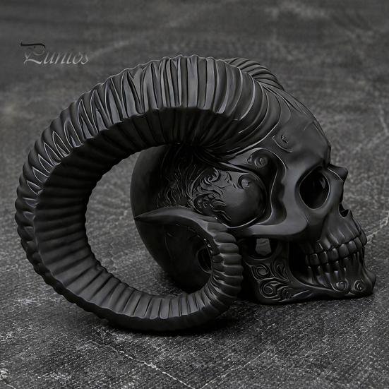 Personalized Goth Room Decor 3D Printed Goat Horn Skull Ornament, Gothic Ram Horned Devil Handmade Style Desktop Skull, Halloween Dark Statue for Home