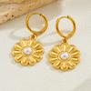 Gold Plated Stainless Steel Daisy Pearl Hoop Earrings for Women