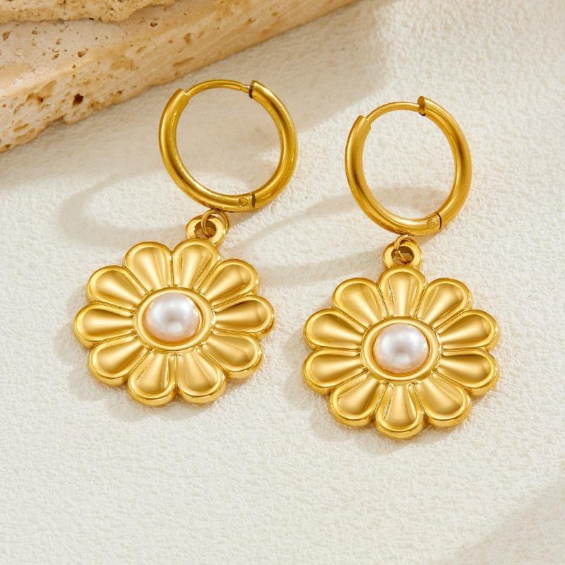 Gold Plated Stainless Steel Daisy Pearl Hoop Earrings for Women