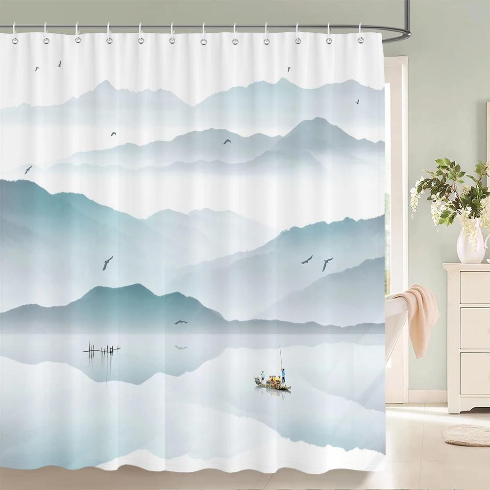 Chinese Ink Painting Landscape Bath Curtain Waterproof Shower Curtains Marble Pattern Bath Screen Printed Curtain for Bathroom
