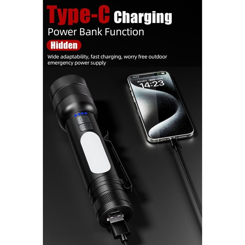 BAAU Zoom Flashlight Long Range Outdoor Household Flashlight Rechargeable Portable Flashlight