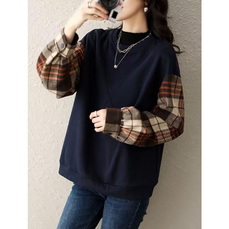 Autumn Winter Vintage Plaid Patchwork Fake Two Pieces Sweatshirt Women Loose Casual All-match Pullover Top
