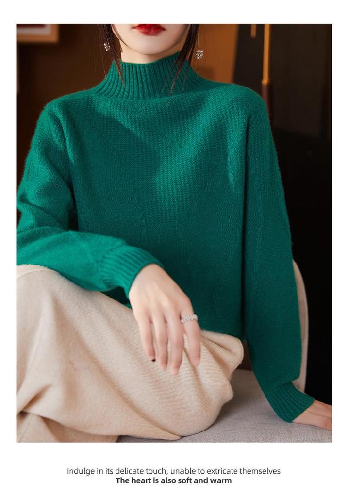 Women's Autumn/Winter Wool Pullover Sweater - Half-High Collar, Irregular Lines, Casual, Thickened Base Layer