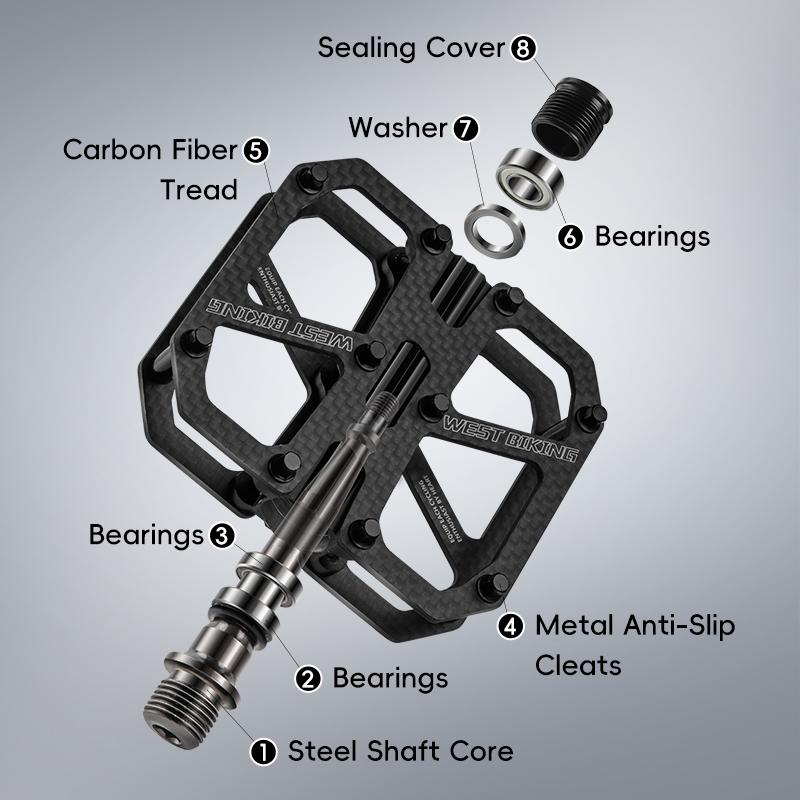 WEST BIKING 3 Bearing Carbon Fiber Bicycle Pedals Ultralight Smooth Anti-Slip Wide Platform Durable Road Bike Cycling Pedal