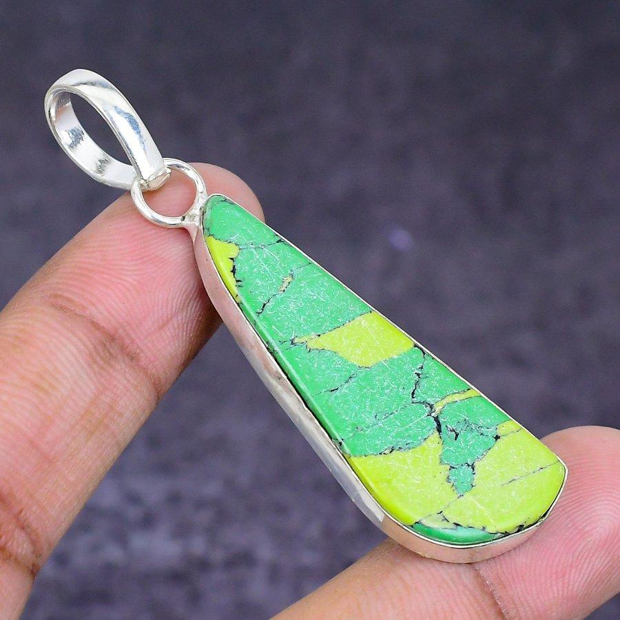 Natural Copper Green Turquoise 925 Sterling Silver Jewelry Pendant 2.44" ETC-14776