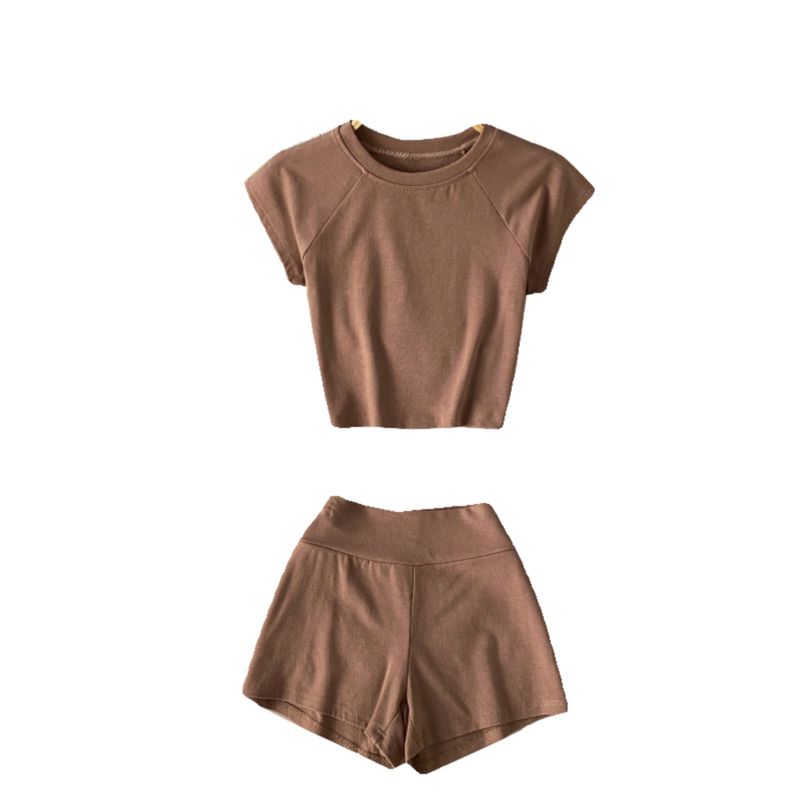 Minimalist Style Athleisure Pure Color Pure Desire Sexy Suit Women's Summer O-neck Short T-shirt + High Waist Figure Flattering Shorts
