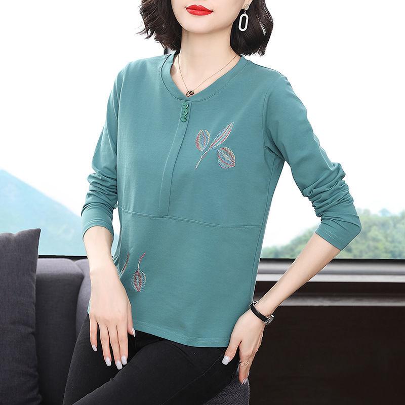 Commute Embroidery T-shirt Casual Round Neck Spring Autumn Long Sleeve Button Loose Pullovers