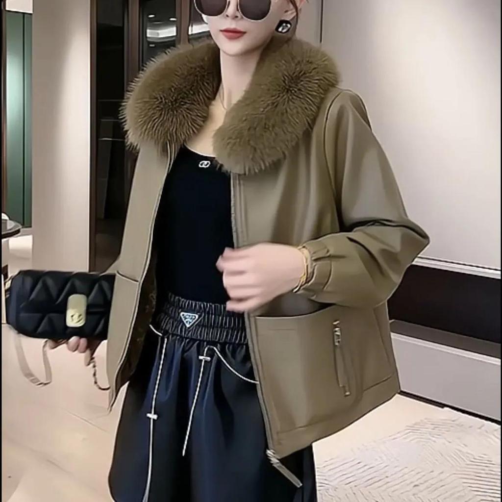 Winter Warmth Plus Velvet Thick Leather Jacket Women's Fashion Western Style Detachable Fur Collar Leather Jacket Trend