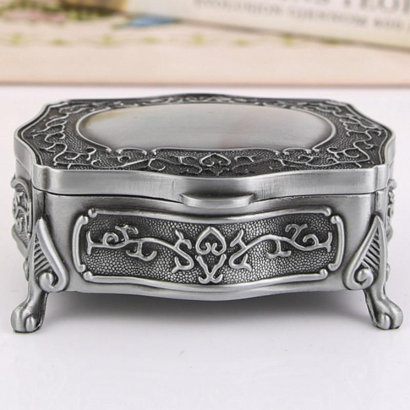 Jewelry Storage Box Ancient Silver Organizer Square Shape Alloy Storage Jar Earrings Ring Unique Gift for Family Dresser Display