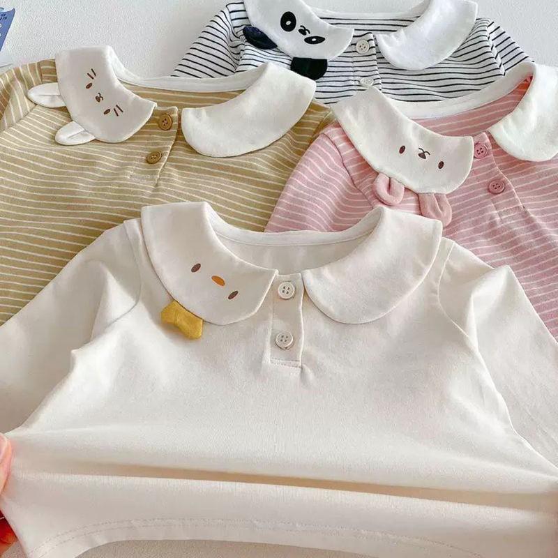 Girls Long Sleeve Cotton T-Shirt With Cartoon Ears Collar Striped Design Toddlers Kids
