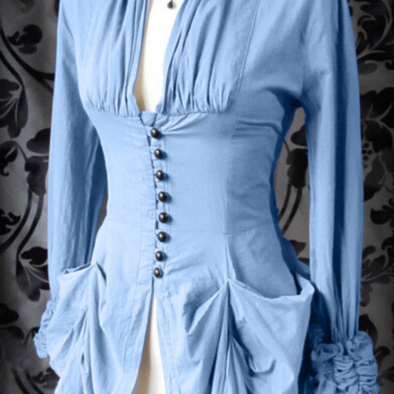 Summer Women's Solid Colour Temperament V-Neck Buttoned Long Sleeve T-Shirt