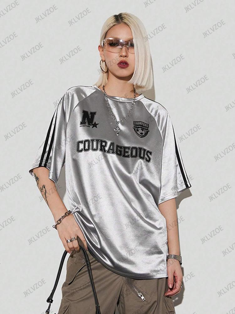 Summer Printed T-Shirt Women's Pink Patchwork Short-Sleeve Sports Soccer Jersey Loose Oversized Top