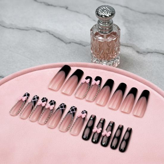 24 Pezzi Unghie Finte Francesi Rosa con Fiocco e Strass, Unghie Finte Lunghe 3D con Charms, Colla per Manicure Fai-da-Te