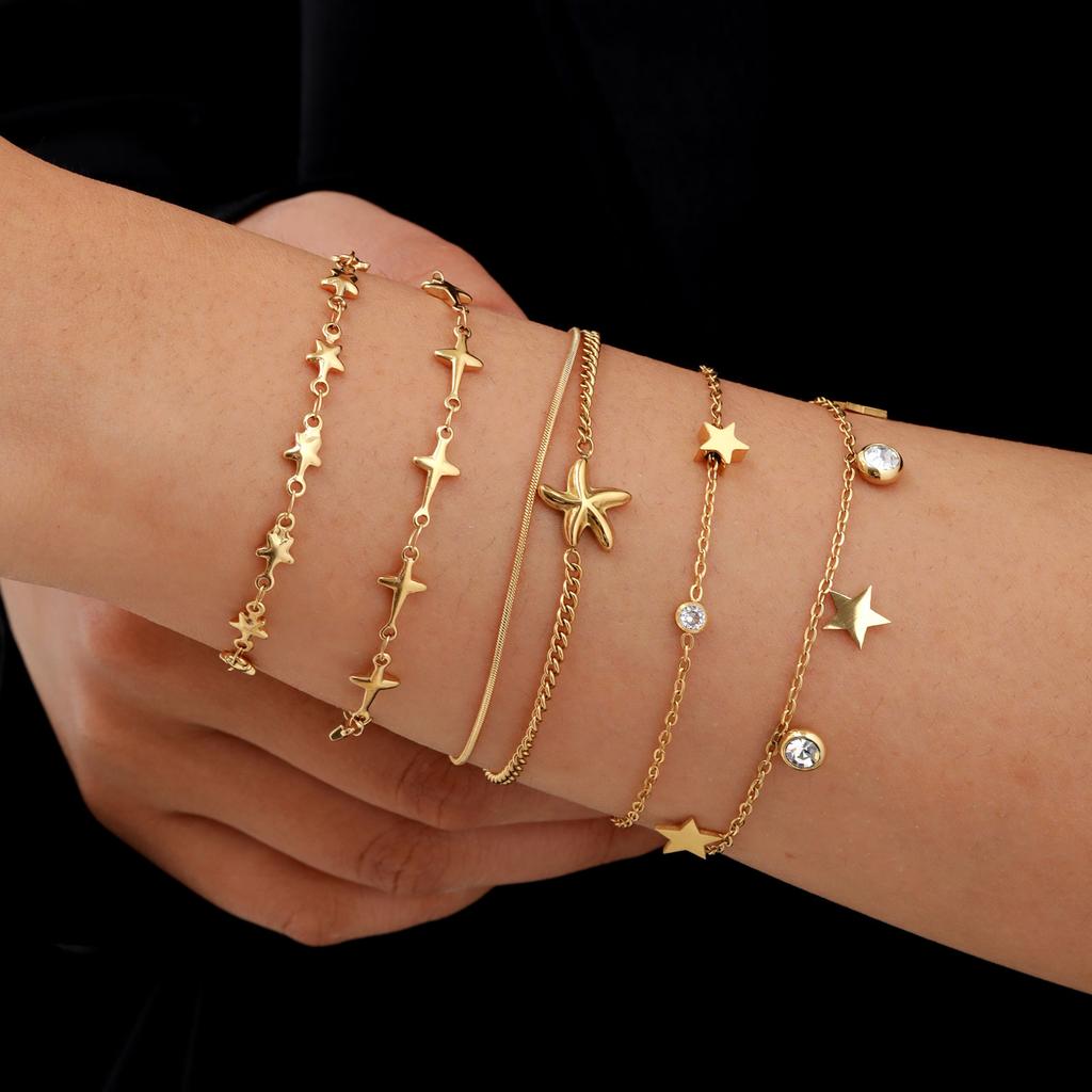 Stainless Steel Four-Pointed Star Chain Bracelet for Women,Double Layered Starfish Bracelets, Fashion Jewelry Mother's Day Gift