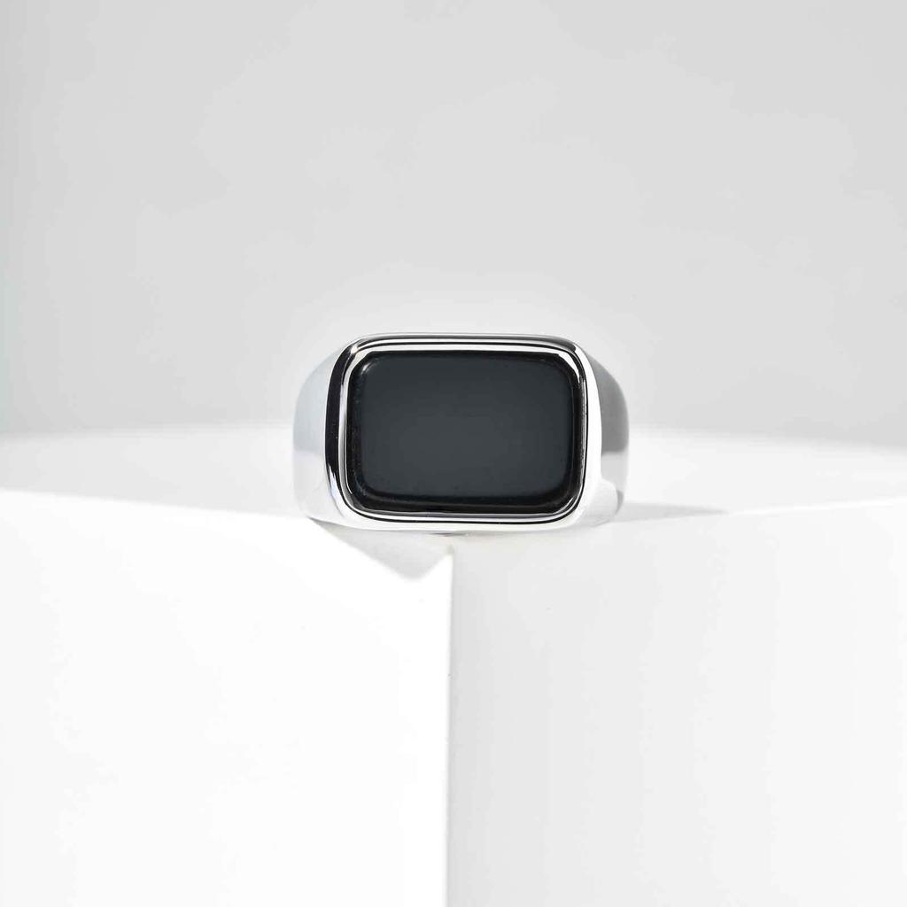 Men's Stainless Steel Gold Ring with Black Glass Stone and Geometric Design (RC-619)