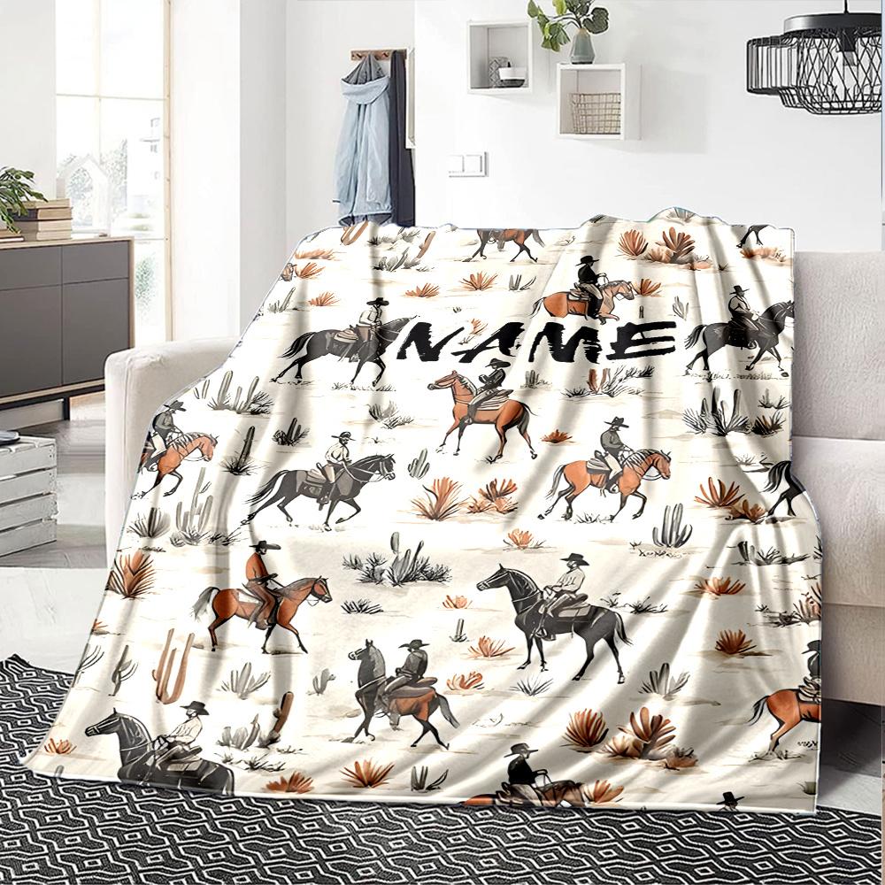 Western Cowboy Horse Riding Scene Design Artwork Multipurpose Customizable Blanket Customize Your Name Soft Cozy For Sofa Couch Office Bed Picnics