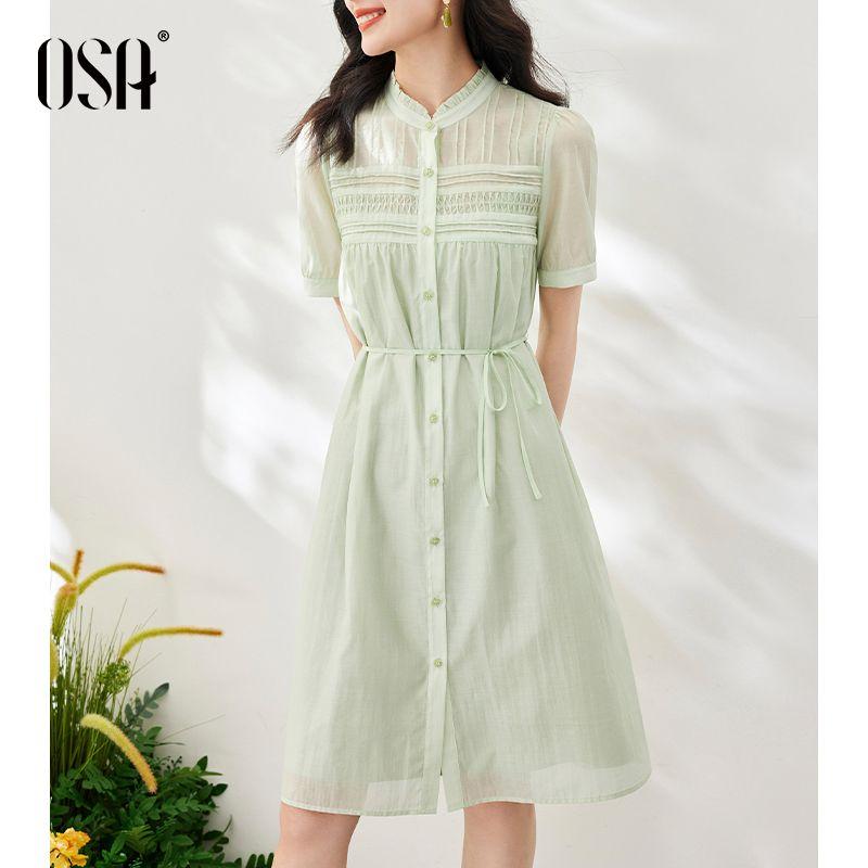 

OSA OSHA Tencel Dress Elegant Short Sleeve Shirt Green L
