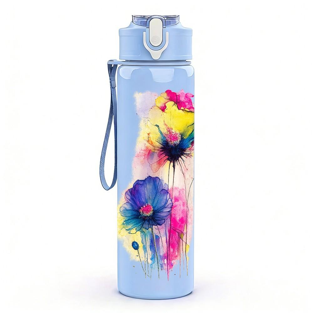 1PC Colorful Feather Boho Art Print 750ml Color Plastic Sports Water Bottle Leakproof Flip Straw Lid Suitable for Sports Office Home Use