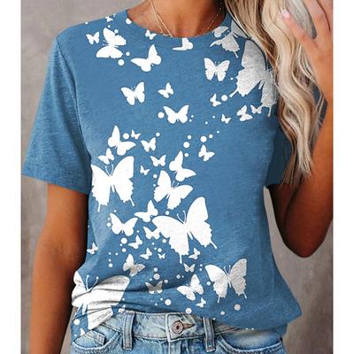 Damski letni T-shirt z trendem, nadrukiem motyla, moda retro, T-shirty z krótkim rękawem, casualowe, z nadrukiem, topy