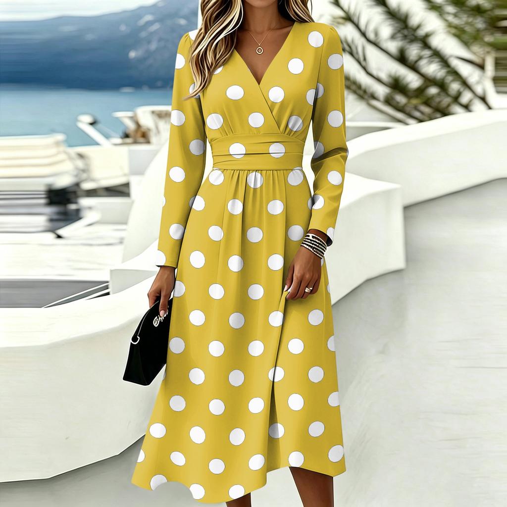Women's Casual Polka Dot Printed Long Sleeve V-Neck Dress with Pockets