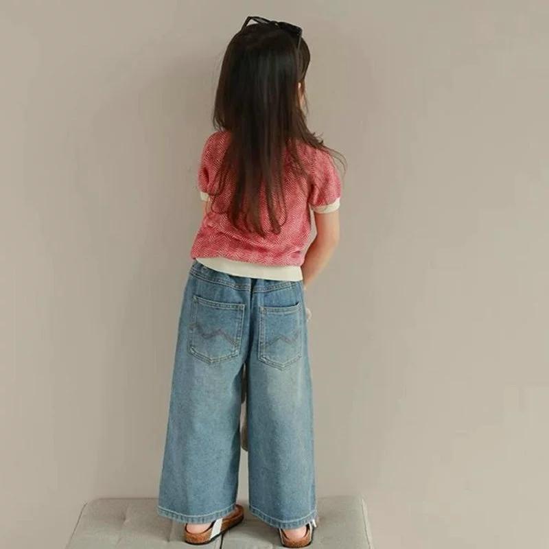Girls Summer Loose Multi-pocket Elastic Waist Jeans Middle Class Children Daily Casual Wide-legged Pants