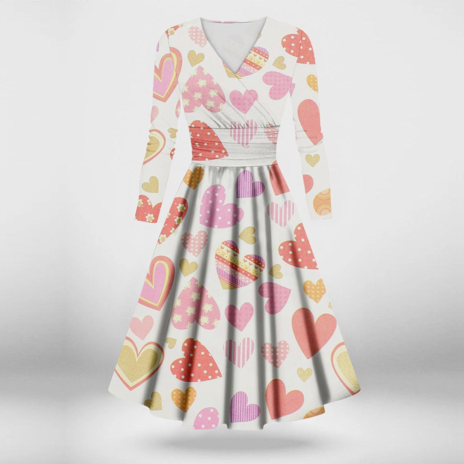 

Женское модное повседневное платье с принтом ко Дню святого Валентина, длинными рукавами и V-образным вырезом, сексуальное платье S