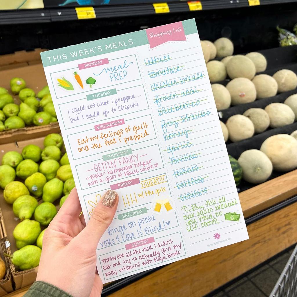 bloom daily planners Weekly Meal Planning Pad - Magnetic Hanging Refrigerator Menu Planner with Tear-Off Sheets & Perforated Grocery Shopping Lists -