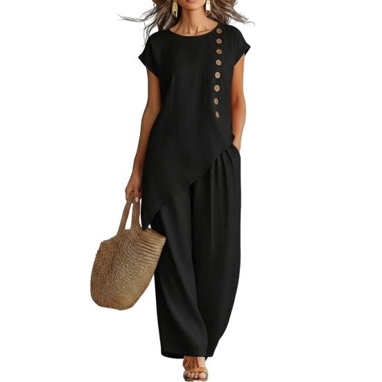 Women's Summer Casual 2 Piece Sets, Buttons Short Sleeve Top And Wide Leg Pants Matching Sets, Asymmetrical Hem Vacation Lounge Outfits
