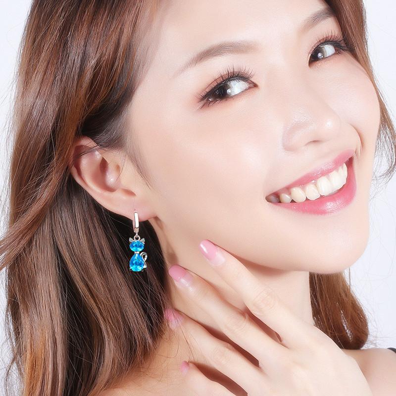 Aqua Blue Pink White Zircon Animal Earring Female Cute Small Cat Hoop Earrings For Women Trendy Silver Color Bridal Jewelry Gift