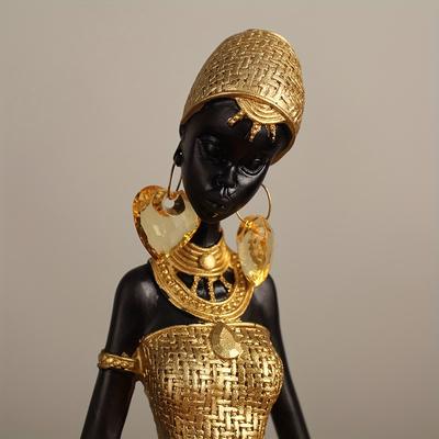 African Lady Resin Figurine Woven Texture Elegant Golden Black Modern Home Decor for Living Room Office Desktop Unique Gift Idea