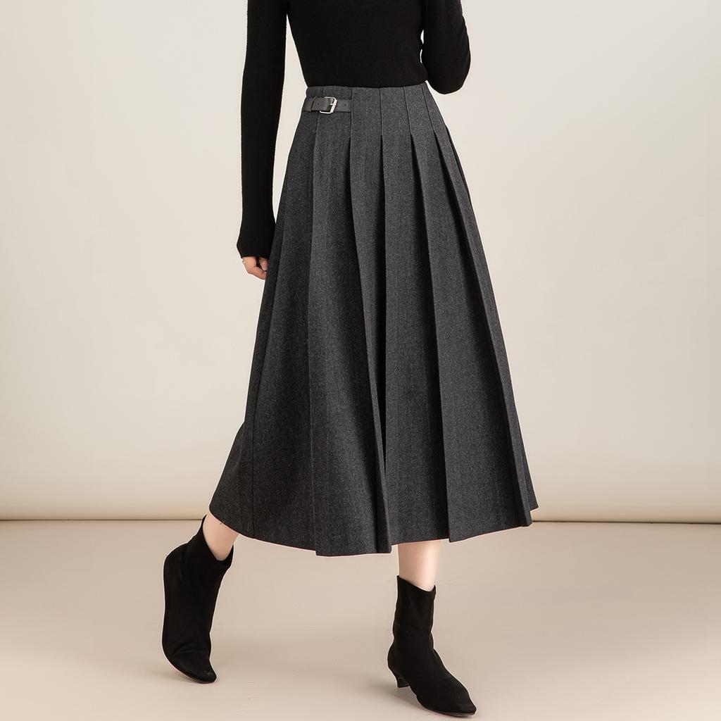 Women's High Waist A Line Midi Skirt No Stretch Wool Blend Pleated Winter Casual Skirt