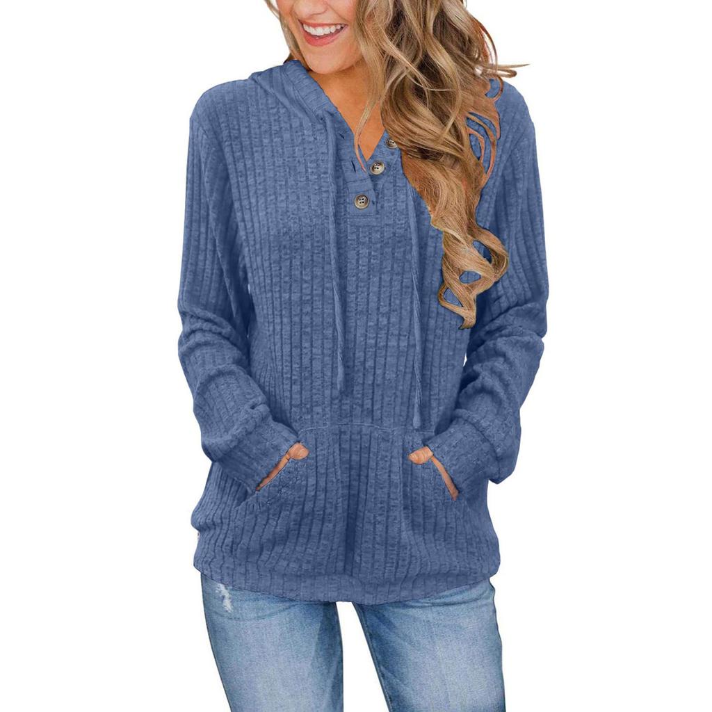 Women's Fashion Long Sleeve Solid Color  Casual Ribbed Button Hoodie Top